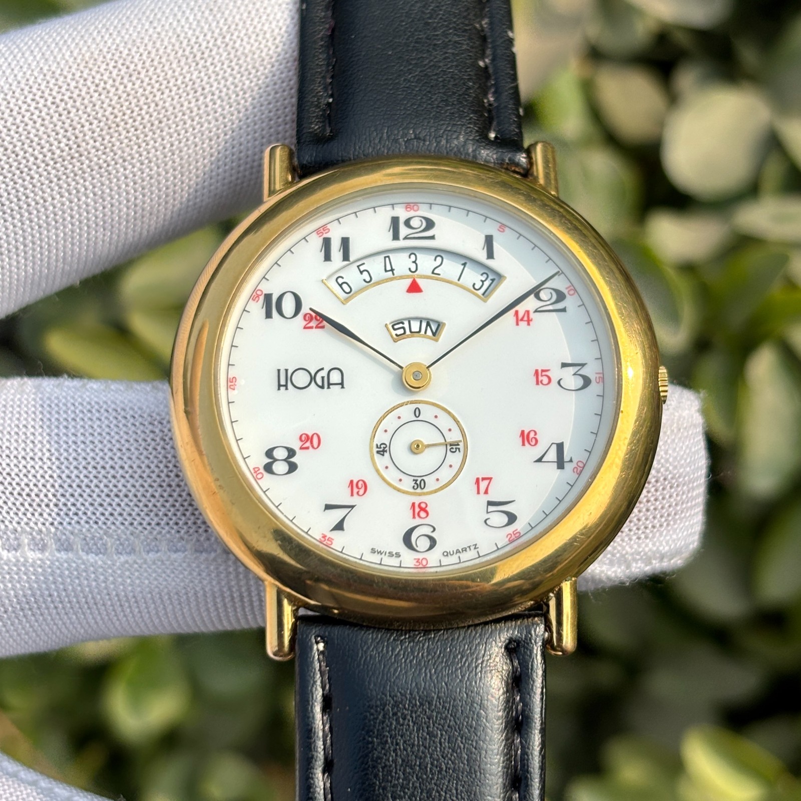 Rare Vintage Hoga Side Seconds Railway Dial Day & Date Swiss Men's Quartz Watch