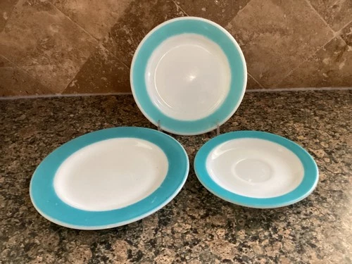 Rare Vintage Pyrex Glass Turquoise Band Border bread plate Corning Tableware