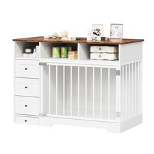 48" Dog Crate Furniture White Pet Kennel End Table With Storage Drawers Bowls
