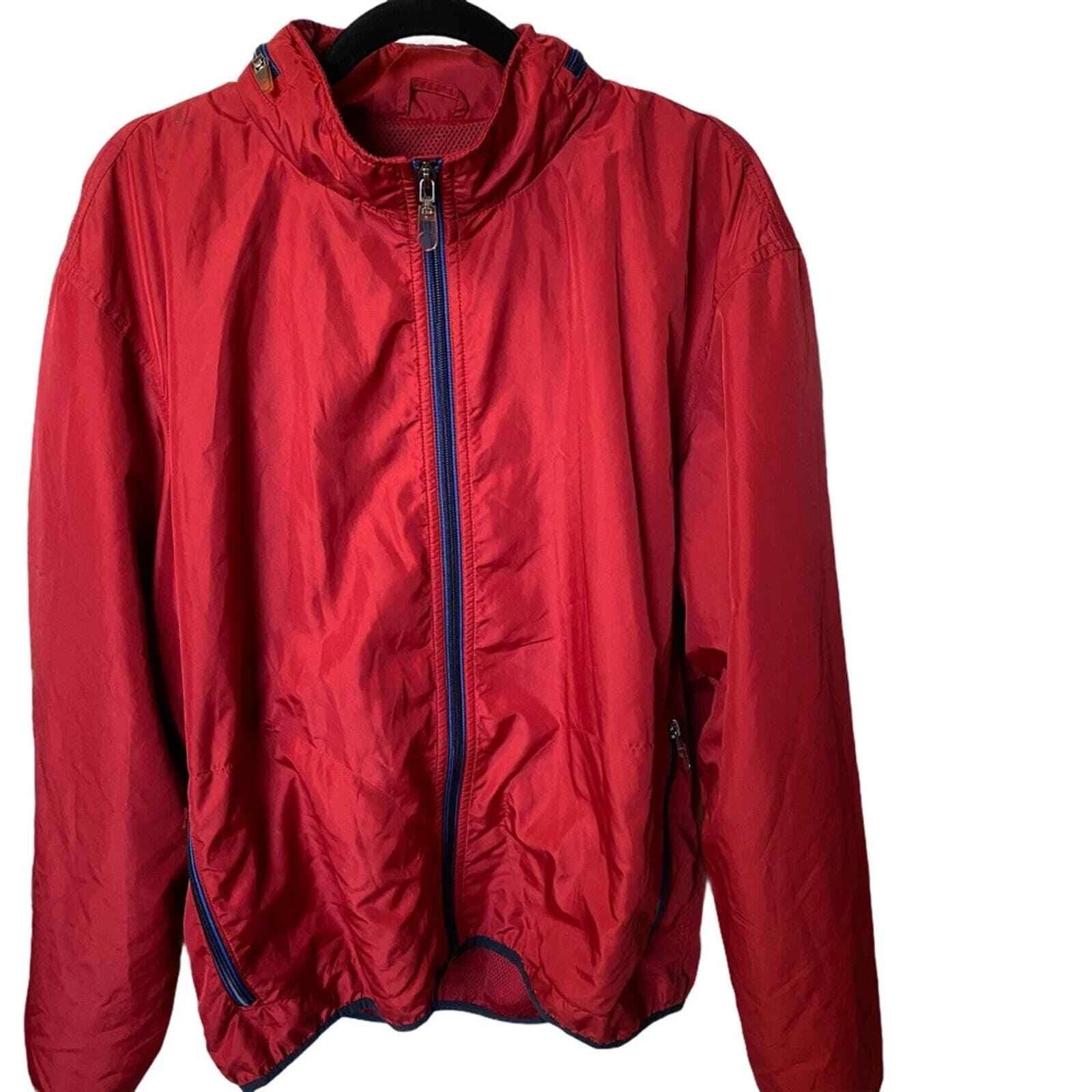 Eddie Bauer Jacket Mens Large Red Full Zip Windbreaker Long Sleeve Hidden Hood