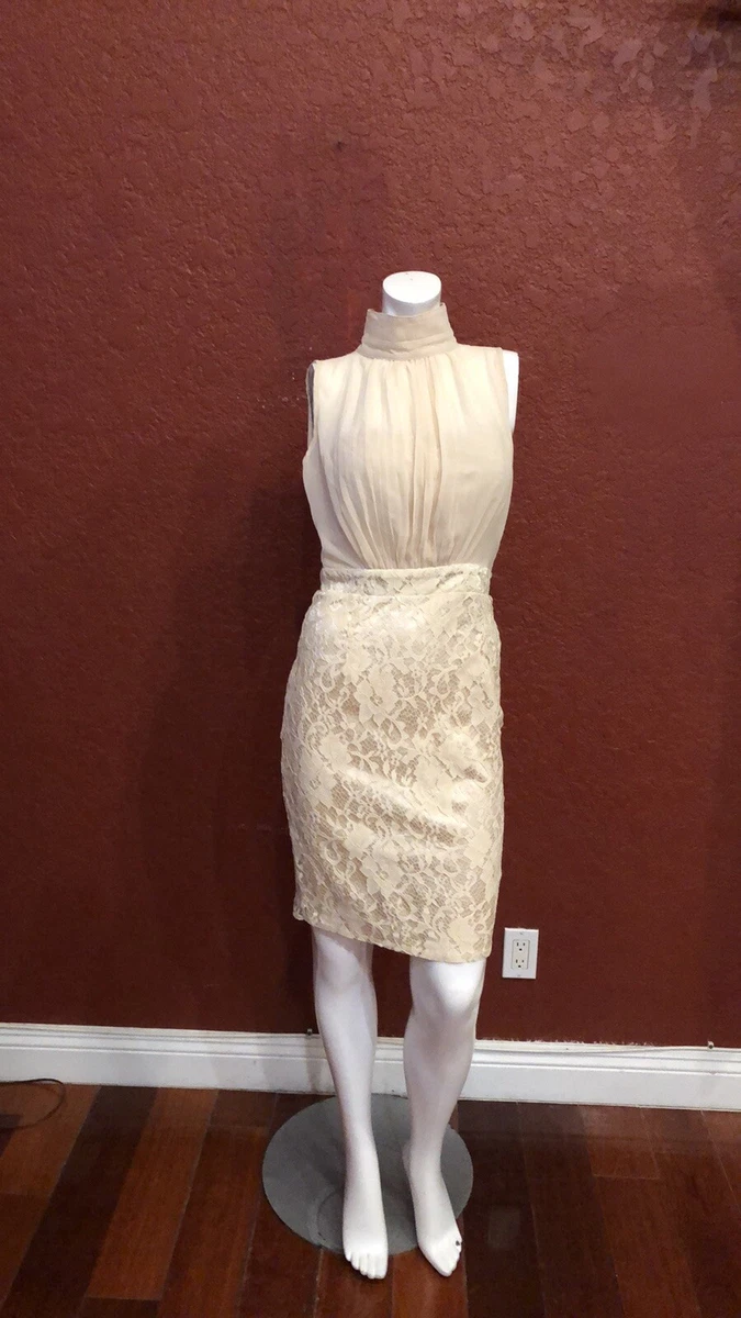 LITTLE MISTRESS LONDON MOCKED NECK LACE DETAIL DRESS BEIGE SIZE UK