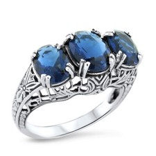 CLASSIC ART DECO STYLE 3 THREE STONE 925 SILVER SIMULATED SAPPHIRE RING   1169