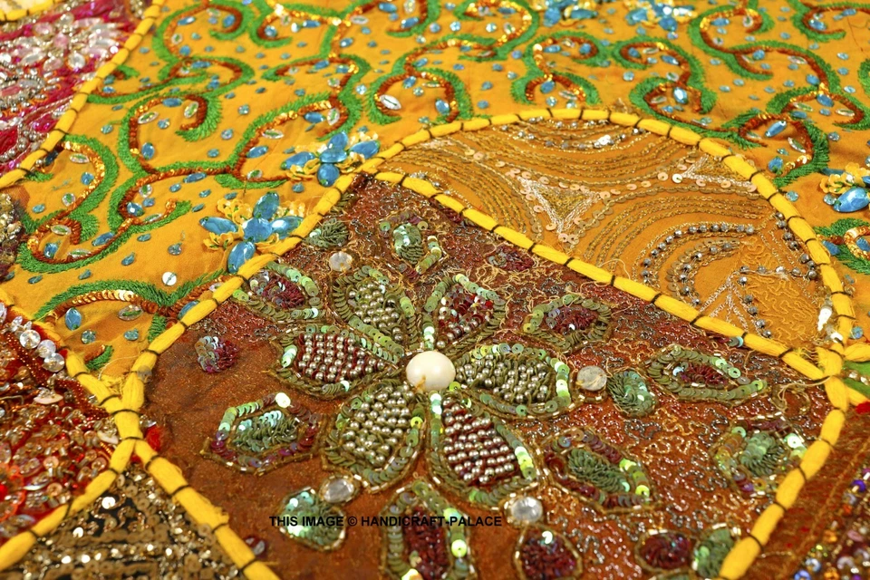 40" AMARILLO IMPRESIONANTE CUENTAS INDIAS LENTEJUELAS SARI PARED COLGANTE DECORACIÓN TAPIZ TIRO Foto 3 de 3