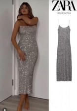 ZARA WOMAN NWT FW23 ZW COLLECTION SEQUINNED SLIP DRESS SILVER 9204/110 Size L