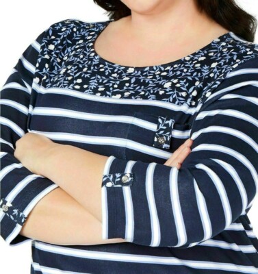 KAREN SCOTT Shirt Plus Size Scoop Neck 3/4 Sleeve Striped Floral- Intrepid Blue