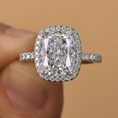 4.15Ctw Elongated Cushion Moissanite Halo Engagement Ring 14K White Gold Plated