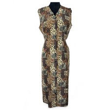 Bruce Wayne Dress Womens L Multi Media Print Patchwork Brown Midi Shirt Dress