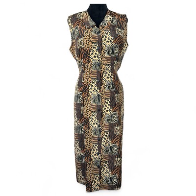 Bruce Wayne Dress Womens L Multi Media Print Patchwork Brown Midi Shirt Dress