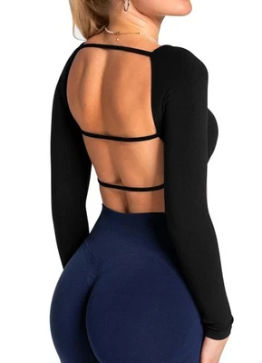 Damen Rückenfrei Sport Top Langarmshirt Sport Oberteil Crop Tops Bauchfrei Sp... - Bild 1 von 4
