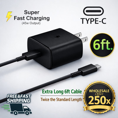 250x 45w USB-C Super Fast Wall Charger+6ft Cable For Samsung Galaxy S23 S22 S21