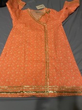 Girls Kurta Kurti 11-12 YRS Orange Floral Gold Trim Made in Pakistan
