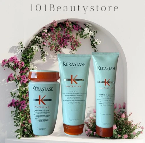 Kerastase Nutritive Bain Satin Riche 8.5 oz, Lait Vital 6.7oz & Nectar Thermique
