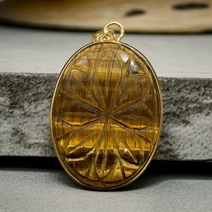Authentic 18K Gold Plated Silver Pendant Big Size Oval Carved Gemstone Tiger's Eye Pendant