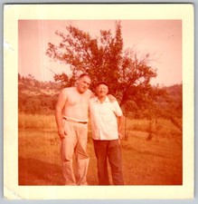 Vtg Color Snapshot Shirtless Man Older Gentleman Cap Country Tree Outdoor 1970s