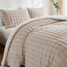 Faux Fur Beige Bedding Comforter Set 3 Pieces Fuzzy Plush Comforter King Khaki
