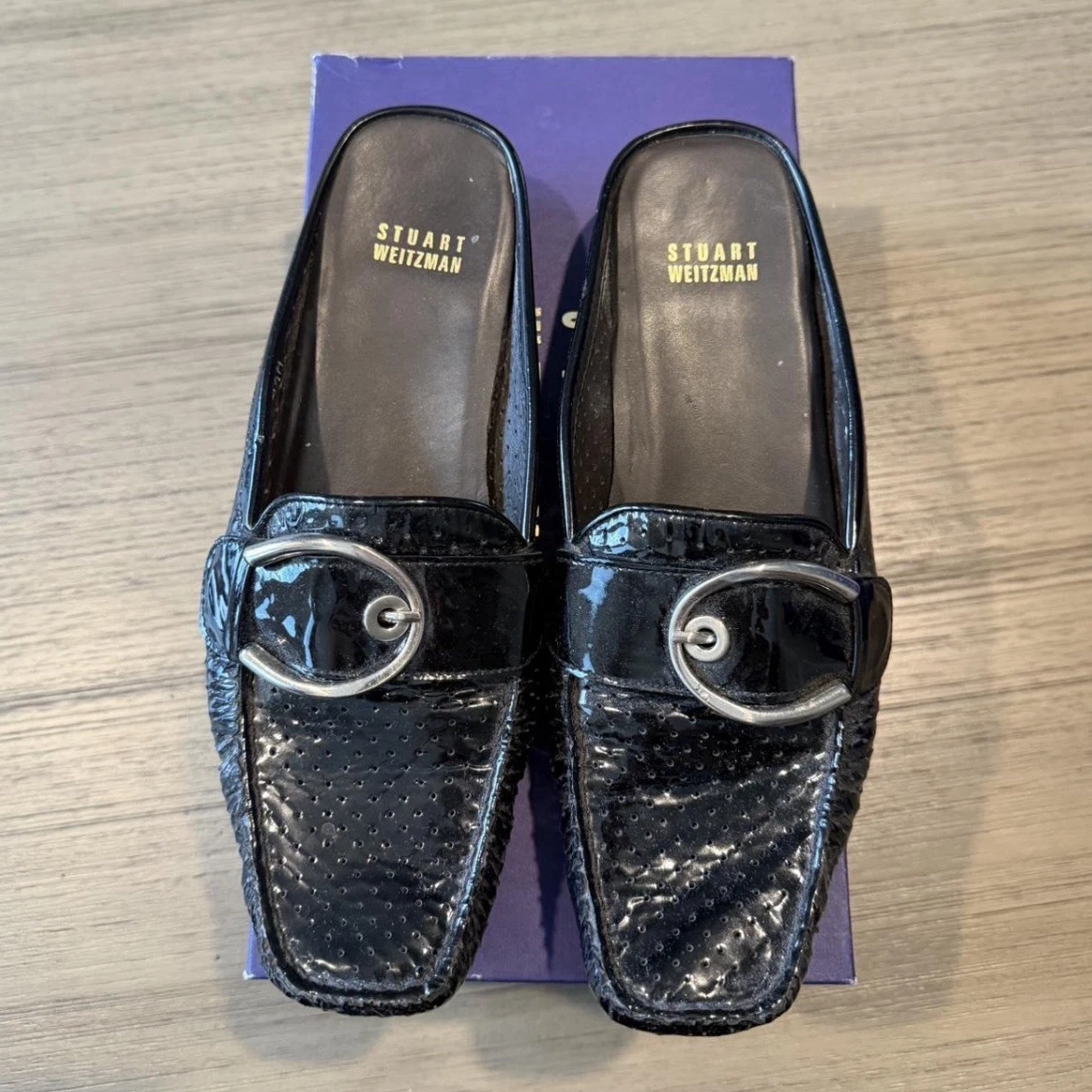 Stuart Weitzman Black Patent Leather Slip-On Loafers with Silver Buckle Stuart Weitzman Black Patent Leather Loafers Silver Buckle  main image 2