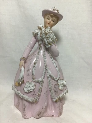 Lefton Lady Figurine~Pink with White Trim~6” Geo Z. Lefton Hand Painted KW 1572 - Image 1 of 4