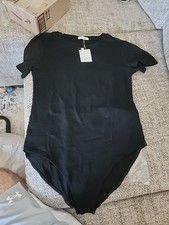MANGOPOP Women's Size Large Short Sleeve Bodysuit RoundNeck Black