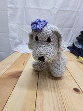 Grey Crochet Stuffed Puppy Dog With Flower Handmade