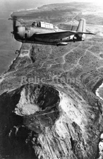 WW2 Picture Photo Grumman TBF Avenger Aircraft flies over Iwo Jima 1945 0664