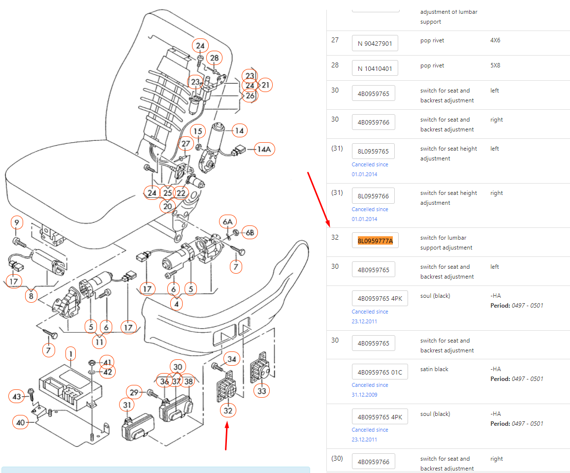Genuine Audi A6 9805 Switch For Lumbar Support Adjustment Soul Black 8L0959777A eBay