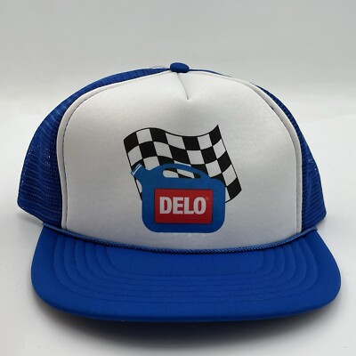 VTG Delo Snapback Hat Blue White Checkered Flag Made in USA Racing Retro 1990s