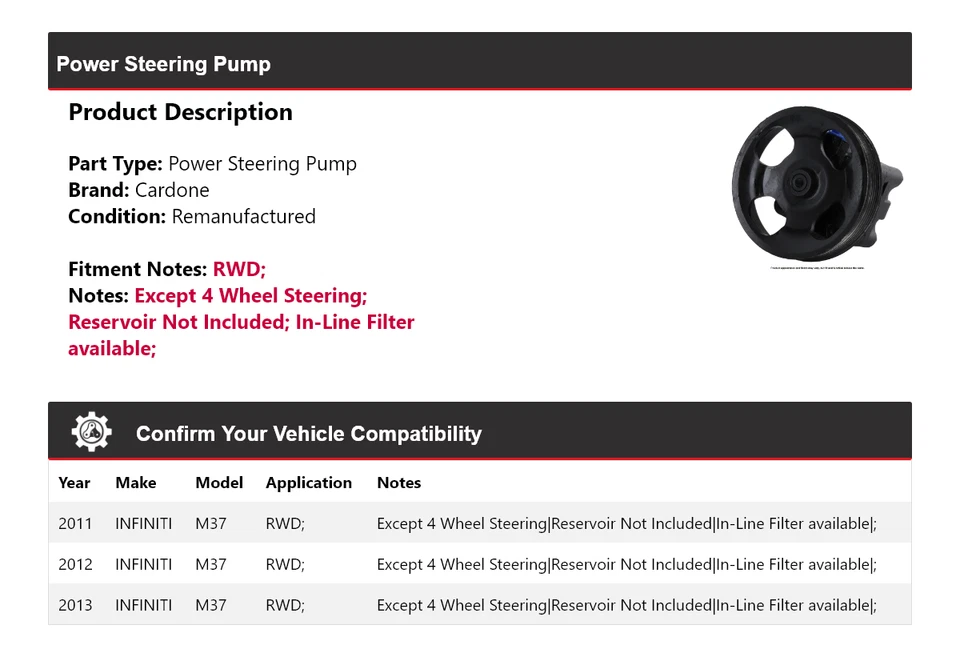 For 2011-2013 INFINITI M37 RWD Power Steering Pump Cardone 2012 - Image 2 of 4