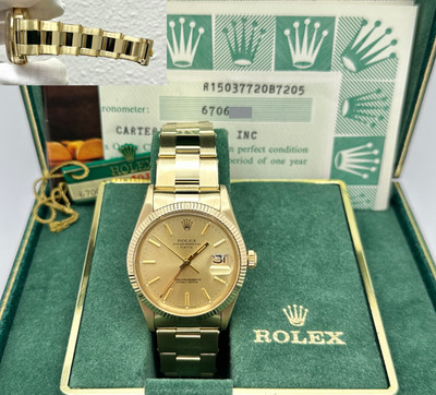 Rolex Date 15037 34mm Champagne Dial 14K Yellow Gold Box Papers