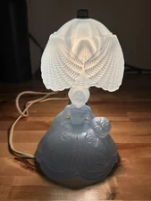 VTG Blue Satin Glass Lady Lamp w/ Parasol Shade Boudoir Vanity Table Light READ