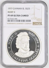 1977 NGC PF69 ULTRA CAMEO CAYMAN ISLANDS SILVER 25 DOLLARS QUEEN MARY II TOP POP