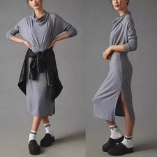 Anthropologie Daily Practice Gray Arabella Cowl Neck Drapey Midi Sweater Dress