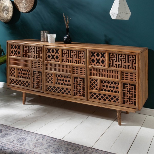 Massives Sideboard Marrakesch 160Cm Mangoholz Mit Verzierung Boho Stil Kommode-image