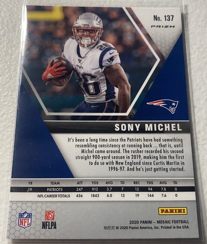SONY MICHEL Silver Prizm 2020 Mosaic Football Patriots #137 - Picture 2 of 2