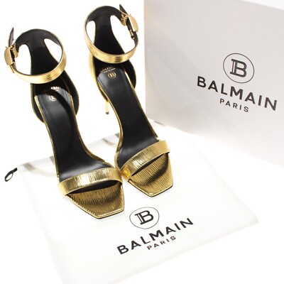 Balmain NWD Open Toe Leather Stiletto High Heels Size 39.5 US 9.5 in Gold