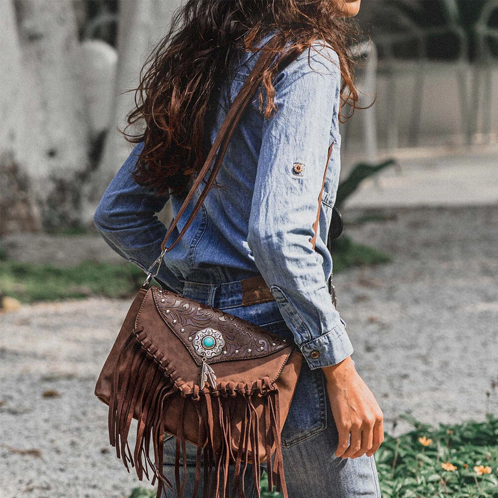 Vintage PU Leather Boho Crossbody Fringe Purse Shoulder Bag for Women, Brown