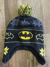 Batman Knit Fleece Lined Winter Hat Cap Beanie Earflaps Youth Pom