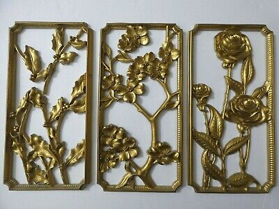 Vtg Syroco Wood 3 Gold Colored Wall Hangings Fl 12 Rose Holy Cherry Blossom - Vintage Syroco Wood Wall Hanging