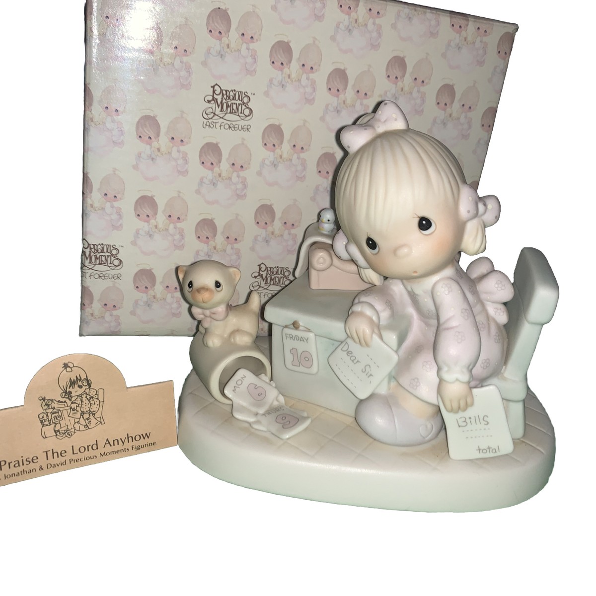 Precious Moments Praise the Lord Anyhow E-9254 1982 Girl desk cat
