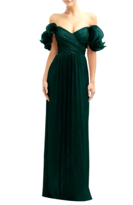 After Six Ruffle Off the Shoulder Dress  Sz S  $279 Evergreen Metallic *1172