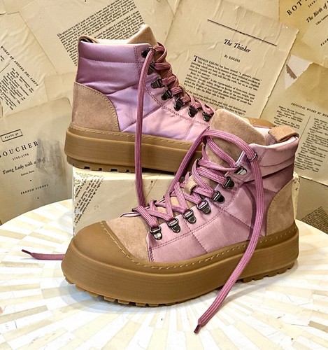 Anthropologie Maeve Hiker Boot Pink Satin Tan Suede Rubber Lace Up 40/ 9-9.5 NEW - Picture 4 of 10