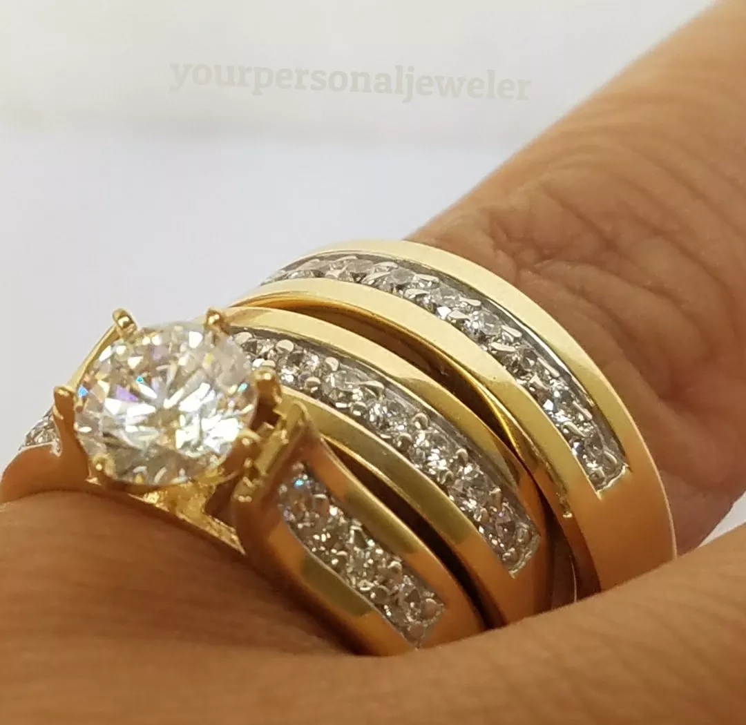 His hers round Trio 3 Pc 14K Yellow Gold Engagement Wedding Band Ring Set Cz