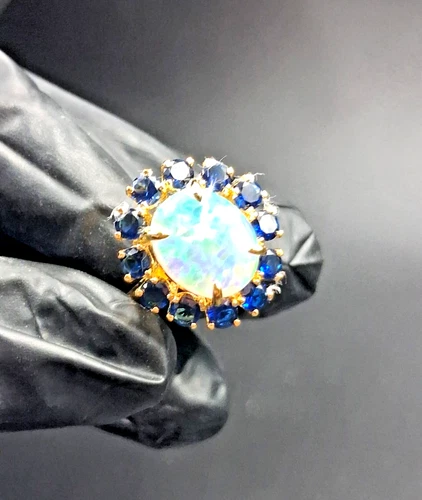 3Ct Oval Natural Fire Opal/Sapphire Halo Engagement Ring 14k Yellow Gold Plated