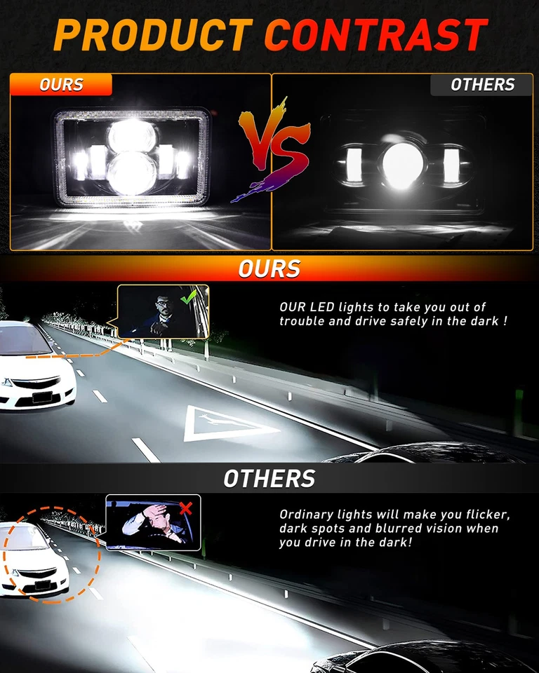 Faros proyectores LED de haz alto bajo 4x6" 4 piezas para Lincoln Town Car 1981-1989 Foto 4 de 4