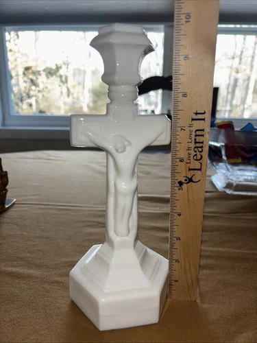 Vintage White Milk Glass Crucifix Cross Jesus Candlestick 10”Candle Holder