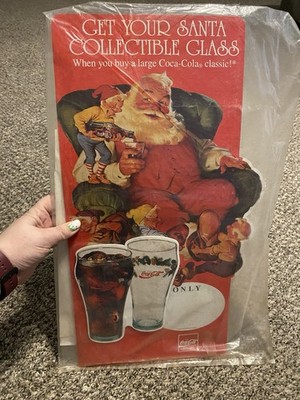 Vintage Coca Cola Get Your Santa Collectable Glass Cardboard Advertisement 20x12
