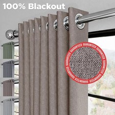 Linen Style Blackout Curtains Ready Made Eyelet Ring Top Curtain Pair Tiebacks