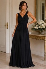 Alfred Sung Womens M Black Ruched V-Neck Maxi Dress Formal Gown READ