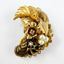 Vintage Moon Shaped Feather Leaf Collage Pin Brooch Rhinestones Artisan Jewelry
