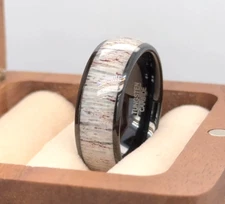 8mm Wide Deer Antler Inlay High Polished Black Dome Tungsten Men's Wedding Band