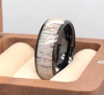 White Deer Antler Inlay Classic Band Black Tungsten Proposal Ring Love Gift Ring